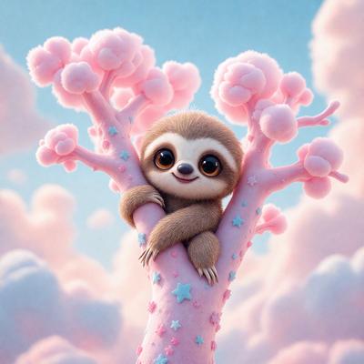 The image features a cute, pink sloth sitting in a tree. The tree has a pink and white color scheme, and the sloth appears to be enjoying its time in the tree. The scene is set against a backdrop of clouds, adding a sense of depth and atmosphere to the image. The visual style of the image is a combination of digital art and illustration, creating a whimsical and charming scene.